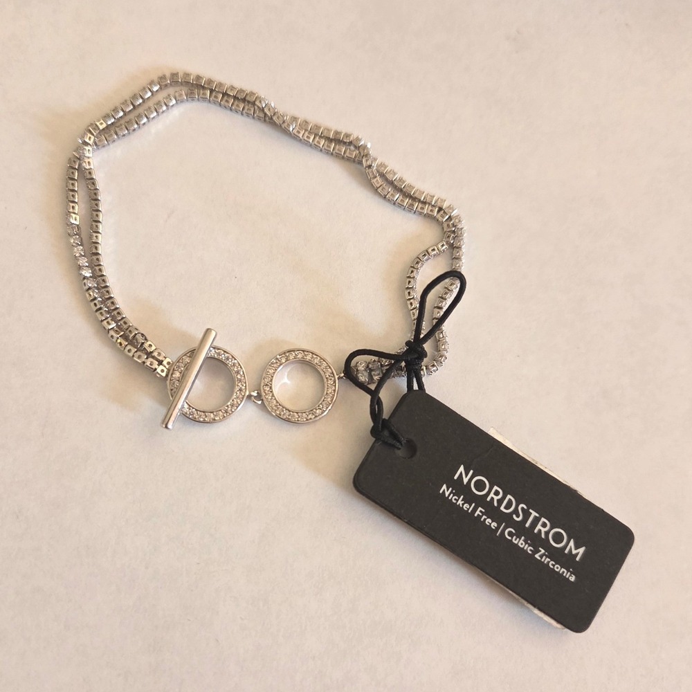 Nordstrom Cubic Zirconia Layered Platinum Bracelet Toggle Clasp Nickel Free NEW‎